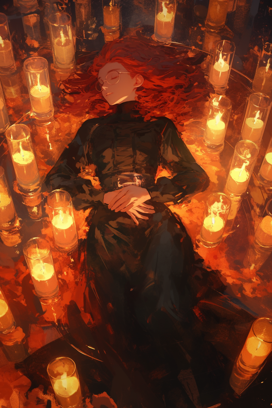 Redhead woman surrounded by candles in Studio Ghibli style.