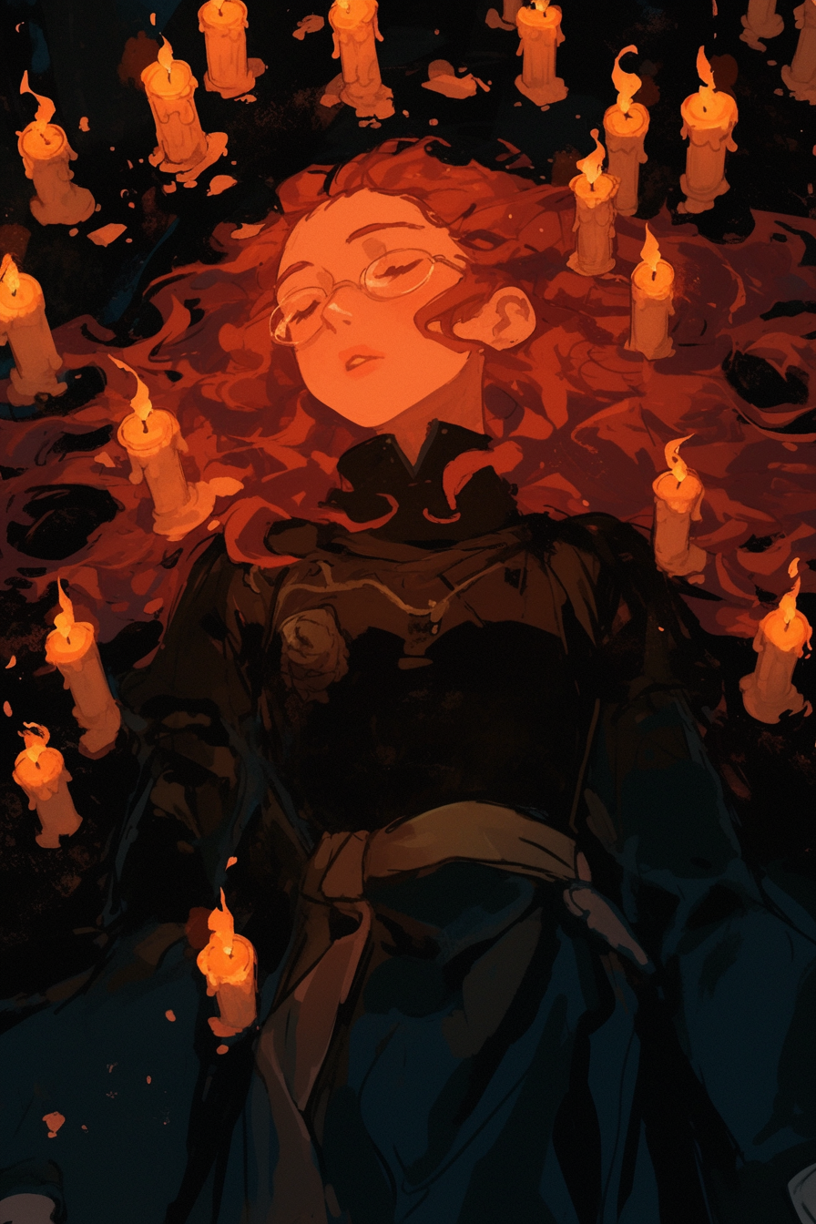 Redhead woman surrounded by melting candles in Ghibli style.