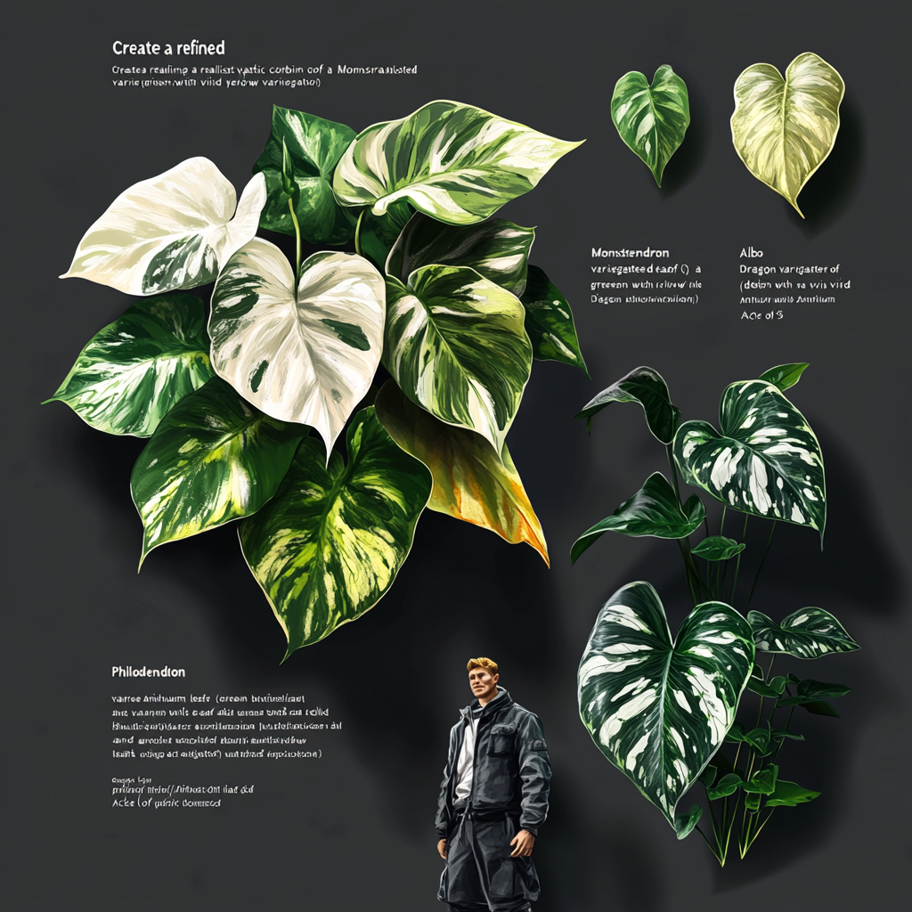 Refined 3D logo with Monstera, Philodendron, Anthurium leaves, elegant guy.