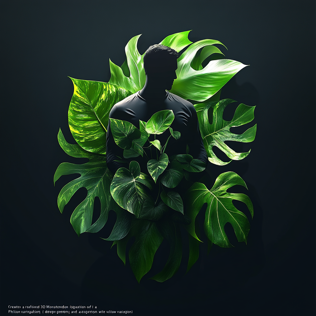 Refined 3D logo with Variegated Monstera, Philodendron, Anthurium leaves.