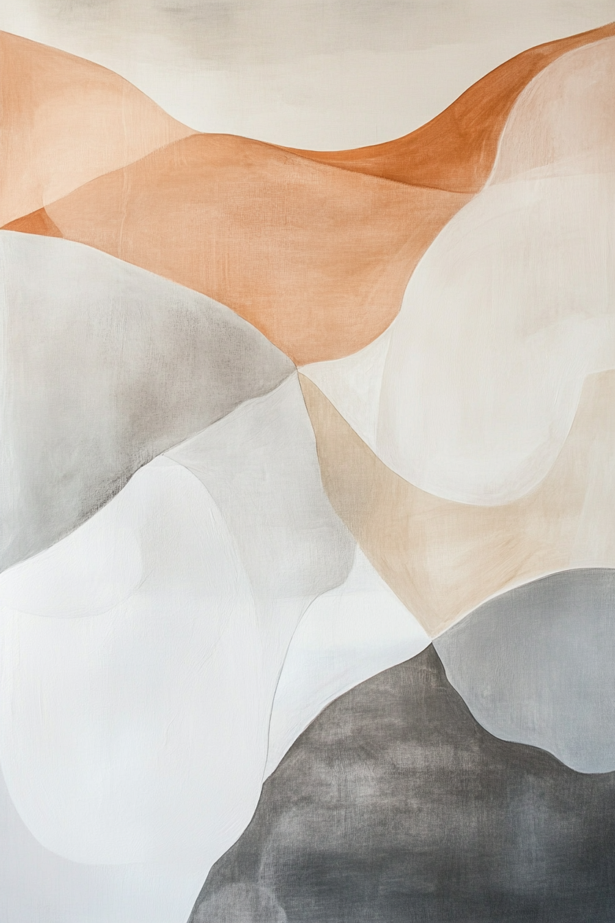 Refined abstract painting in beige, greys, terracotta tones.