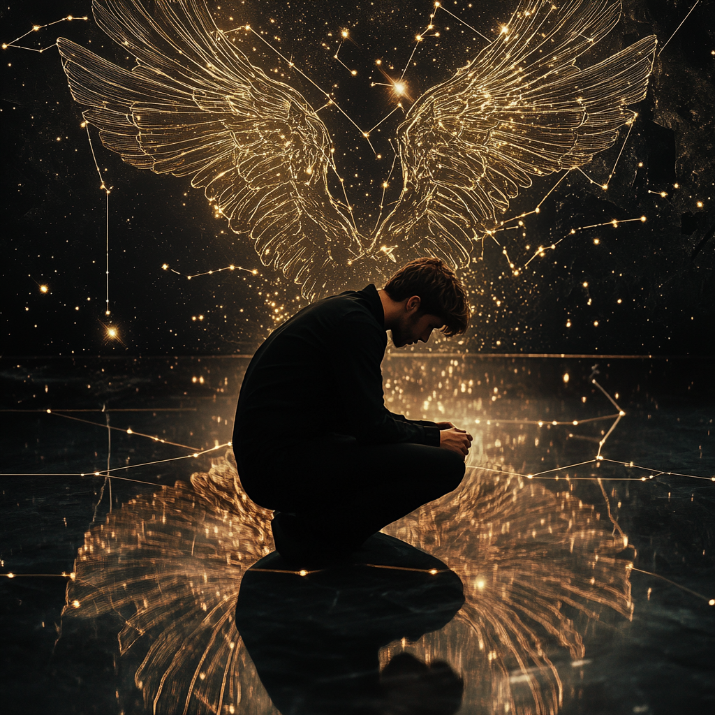 Reflection of stars and constellations with man kneeling. Angel wings.