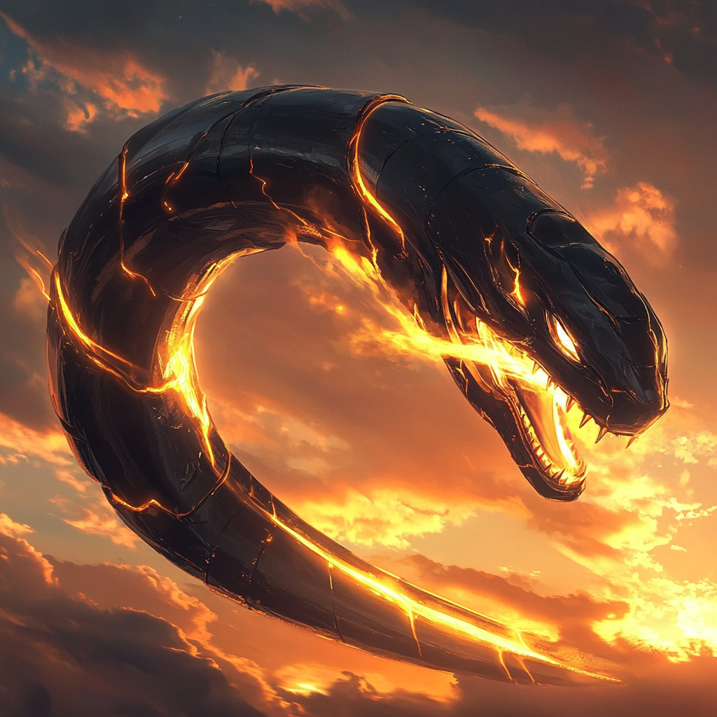 Reflective Rayquaza glowing golden in dramatic sunset scene.