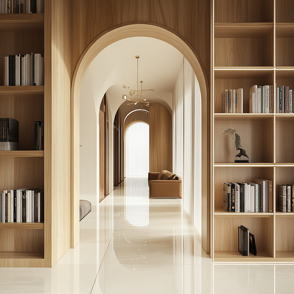 Reflective ceramic-tiled archway contrasts with warm wood bookshelf.