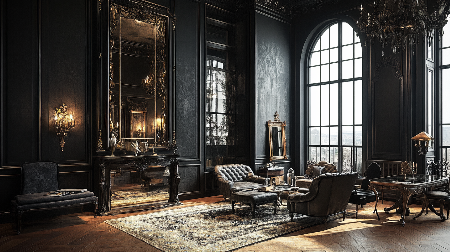 Reflective dark-framed mirrors create mysterious gothic ambiance.