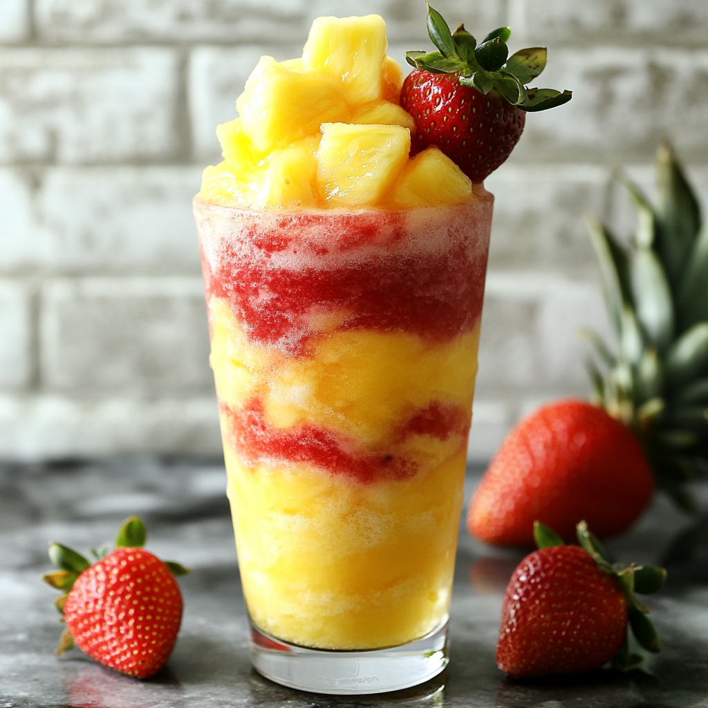 Refreshing drink with pineapple slush and strawberry purée swirls, visually appealing.