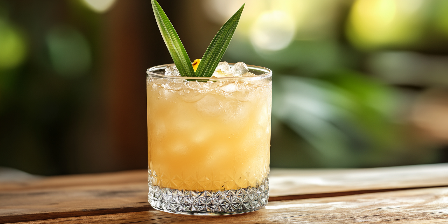 Refreshing mai tai cocktail in lowball glass with pineapple.