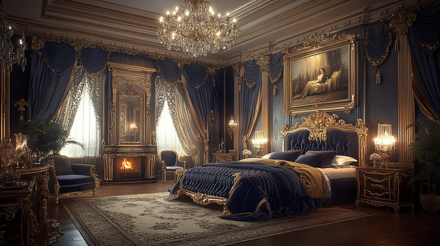 Regal bedroom with velvet bed, damask curtains, antique mirror.