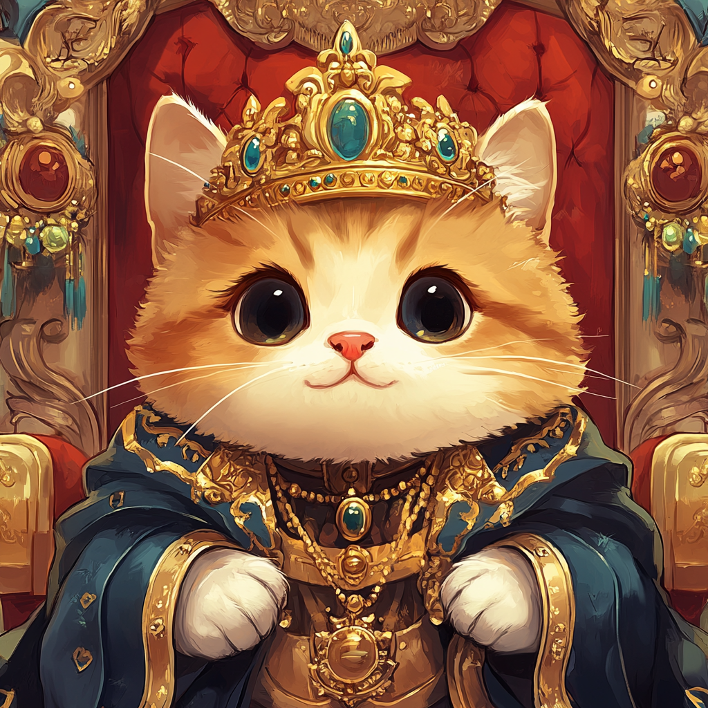 Regal chibi cat depicted as rich king. Luxurious background.