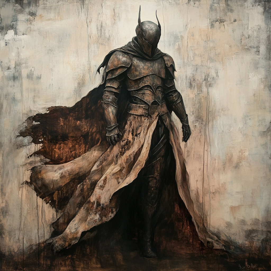 Regal warrior in weathered leather armor and majestic cloak.