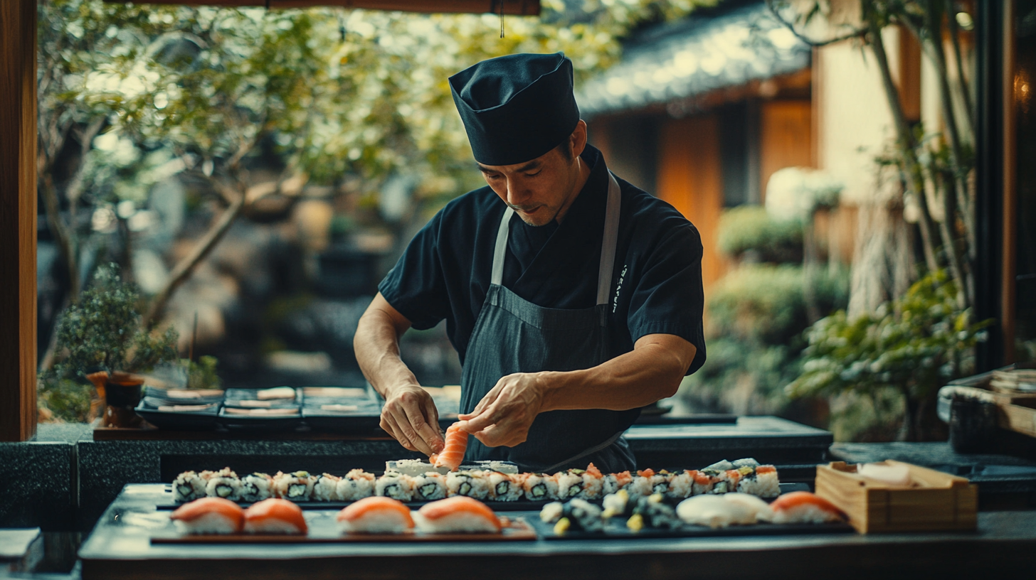 Regional Australian river, Japanese sushi master at traditional bar.