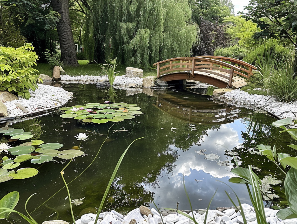 Reinforced pond edge with geogrid and white stones.