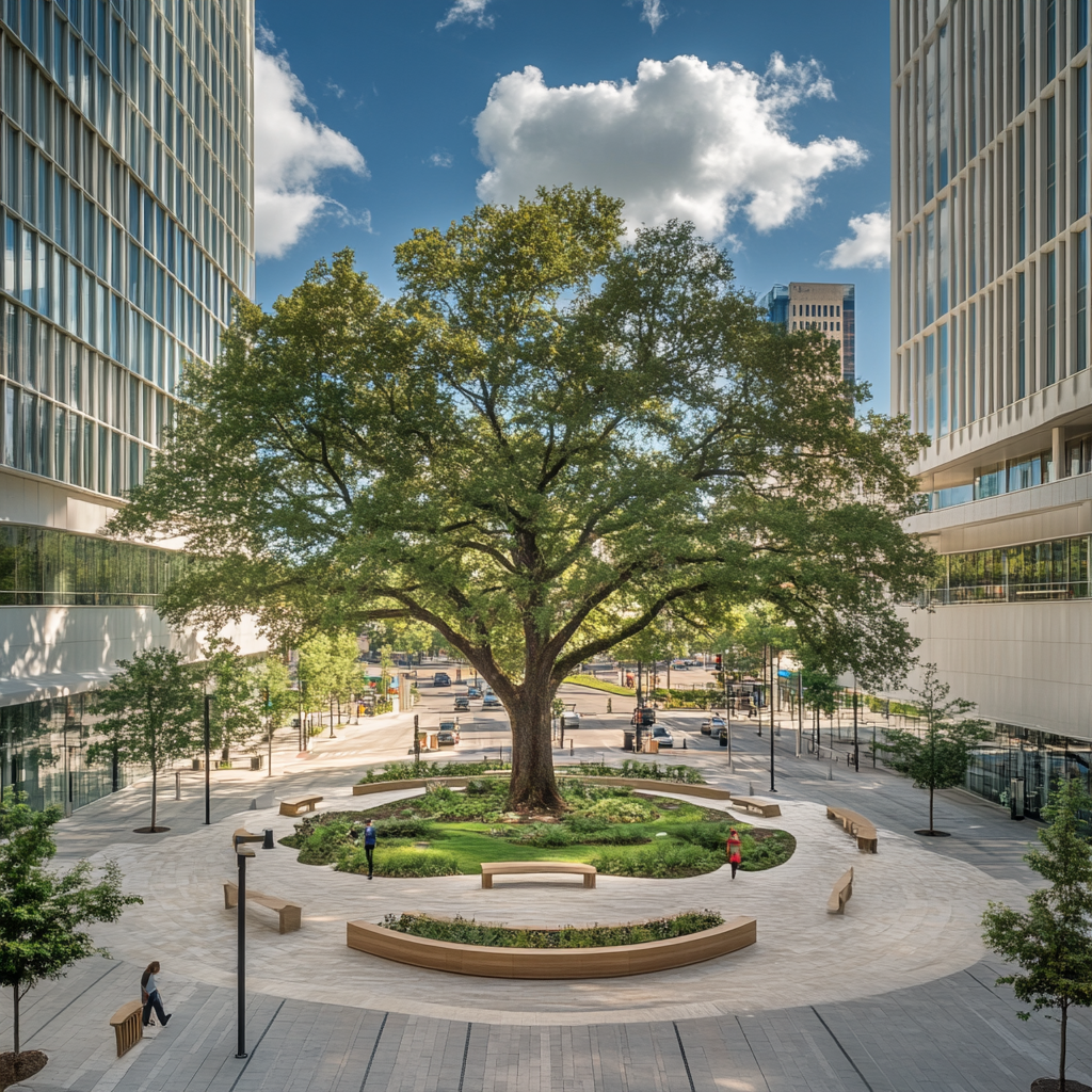 Relaxed city garden with white buildings, sunny skies, traffic.