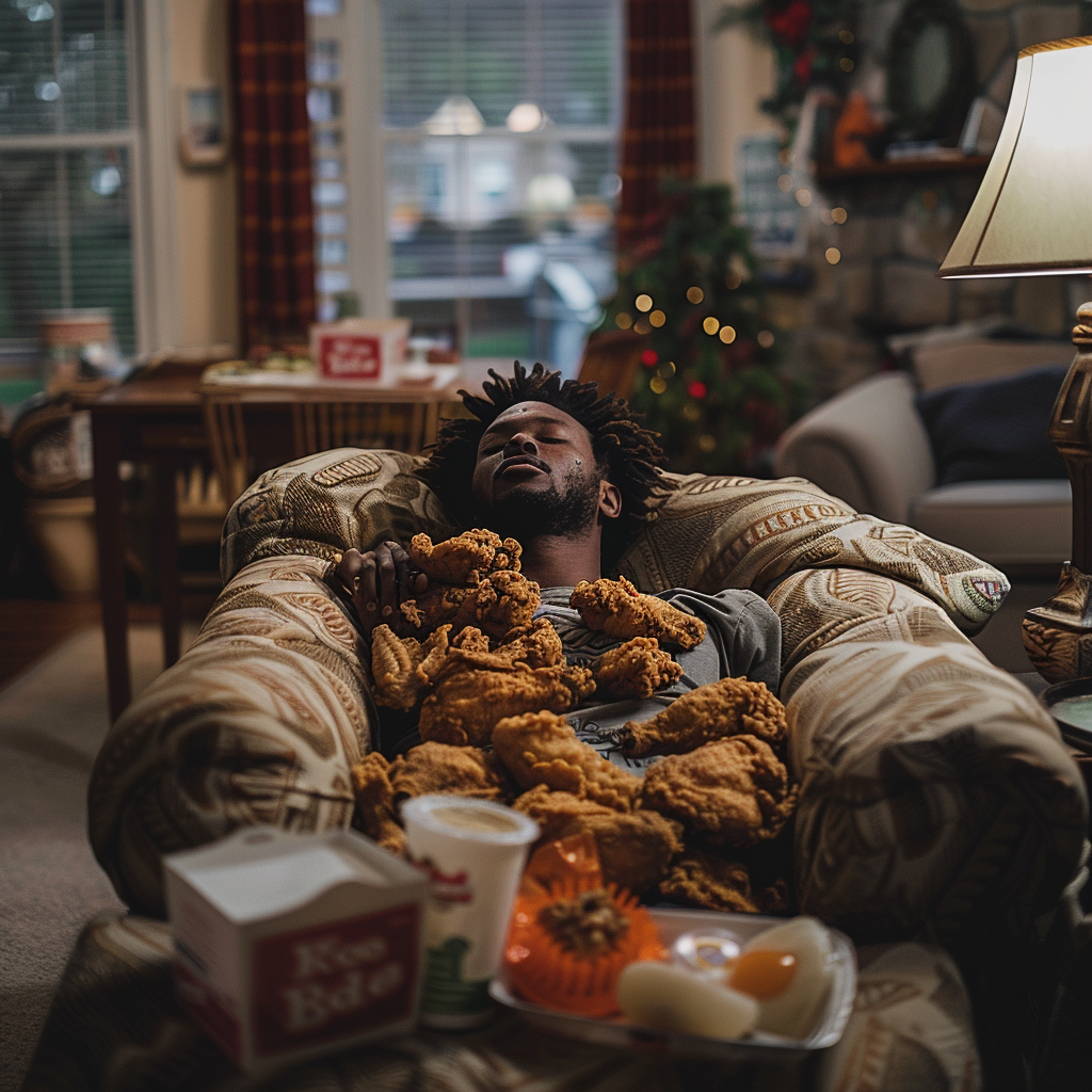 Relaxing with Fried Chicken in Cozy Living Room