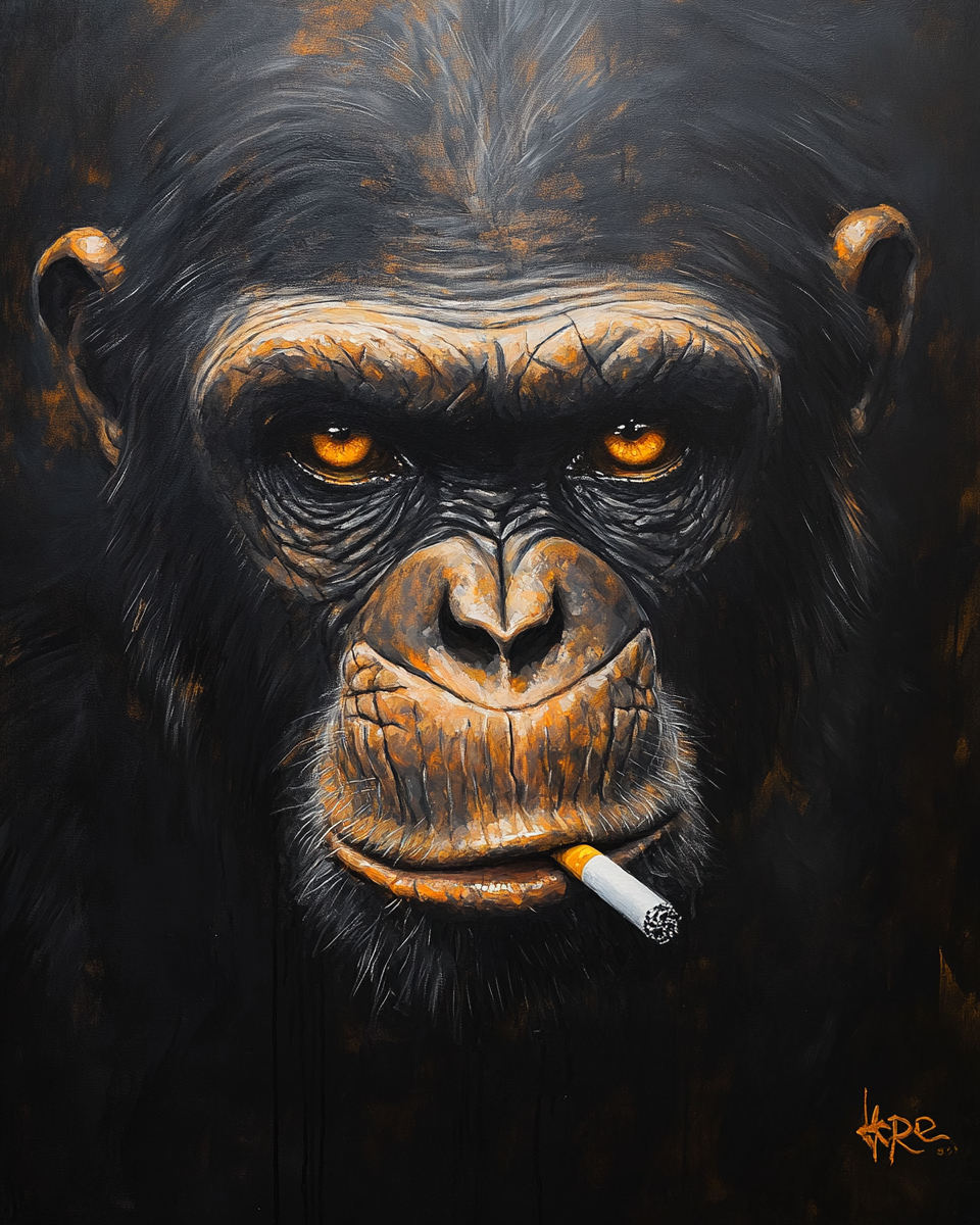 Rembrandt Monkey Portrait Smoking Cigarette with Dramatic Lighting