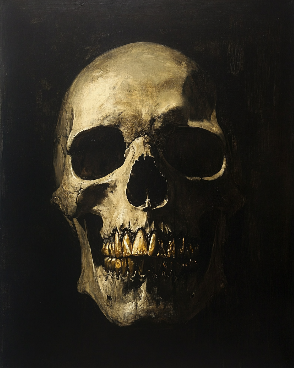 Rembrandt painting realistic portrait of gold-toothed skull, dramatic lighting