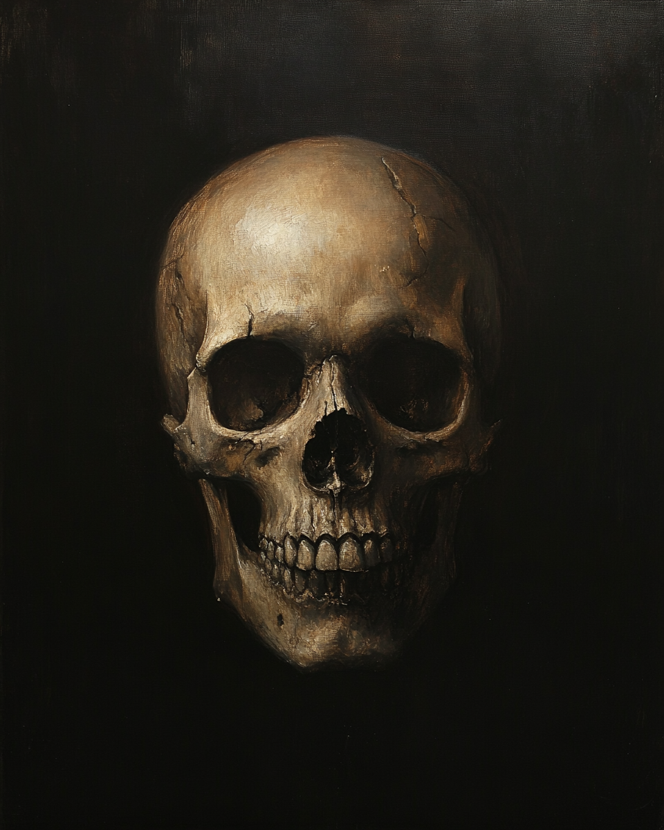 Rembrandt painting: skull portrait, dramatic lighting, serious expression