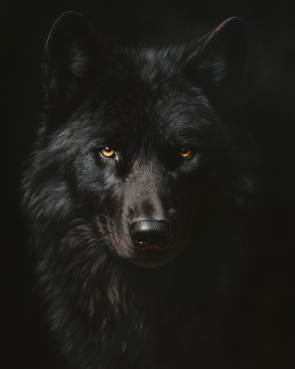 Rembrandt-style portrait of serious black wolf, dramatic lighting