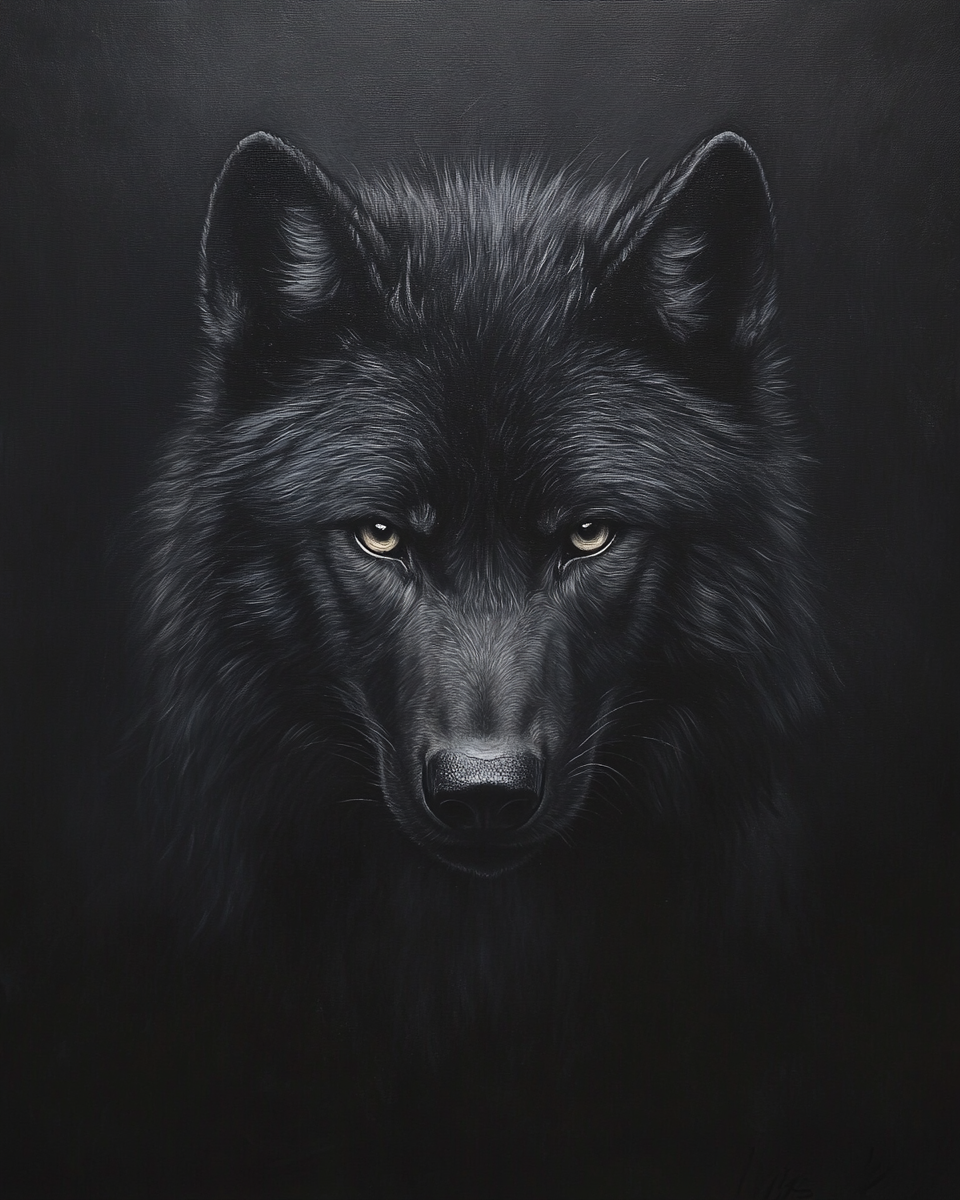 Rembrandt-style portrait of serious black wolf