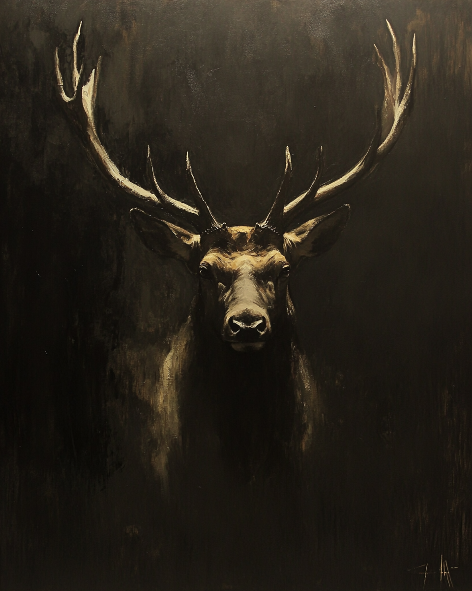 Rembrandt-style portrait of serious elk under dramatic lighting