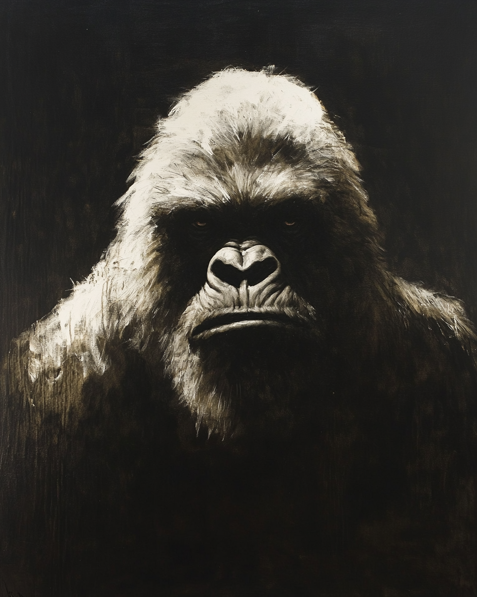 Rembrandt-style portrait of towering yeti with dramatic lighting