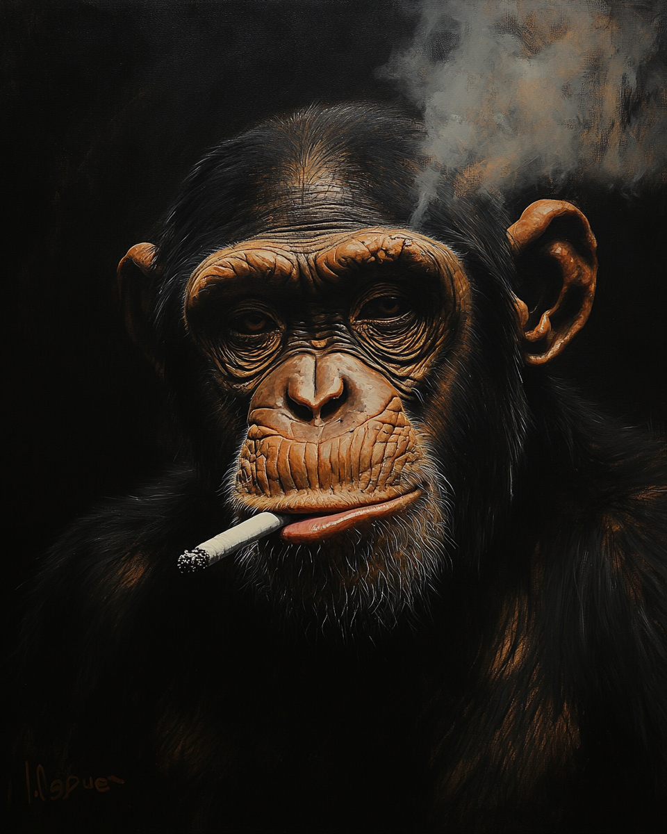 Rembrandt-style portrait: Serious chimp smoking cigarette, dramatic lighting 