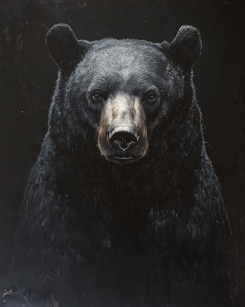 Rembrandt-style realistic black bear portrait under dramatic lighting