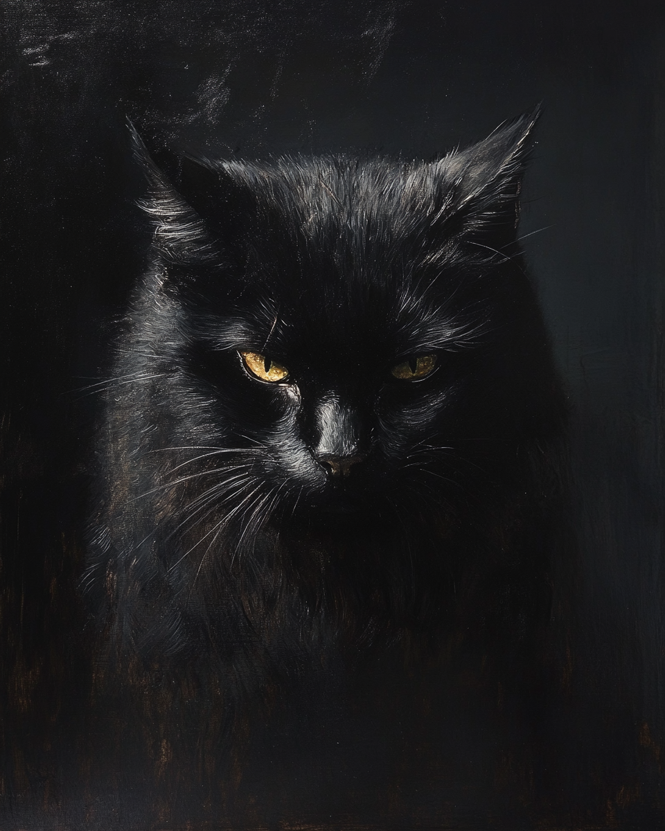 Rembrandt-style realistic portrait of serious black cat