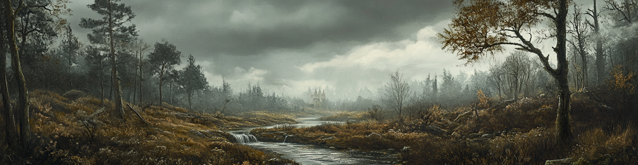 Renaissance Gothic landscape with small stream and grey clouds.