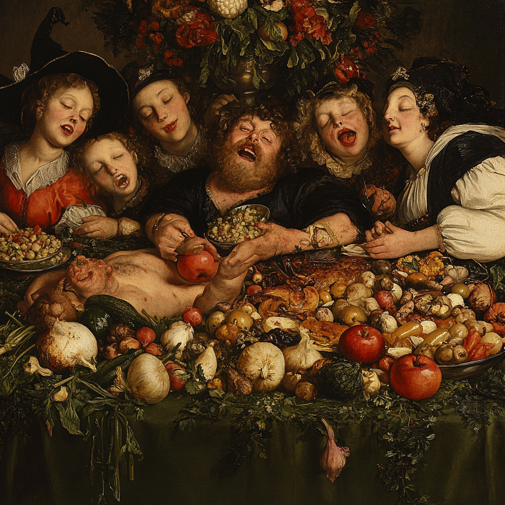 Renaissance Style Feast With 7 Witches and Man 