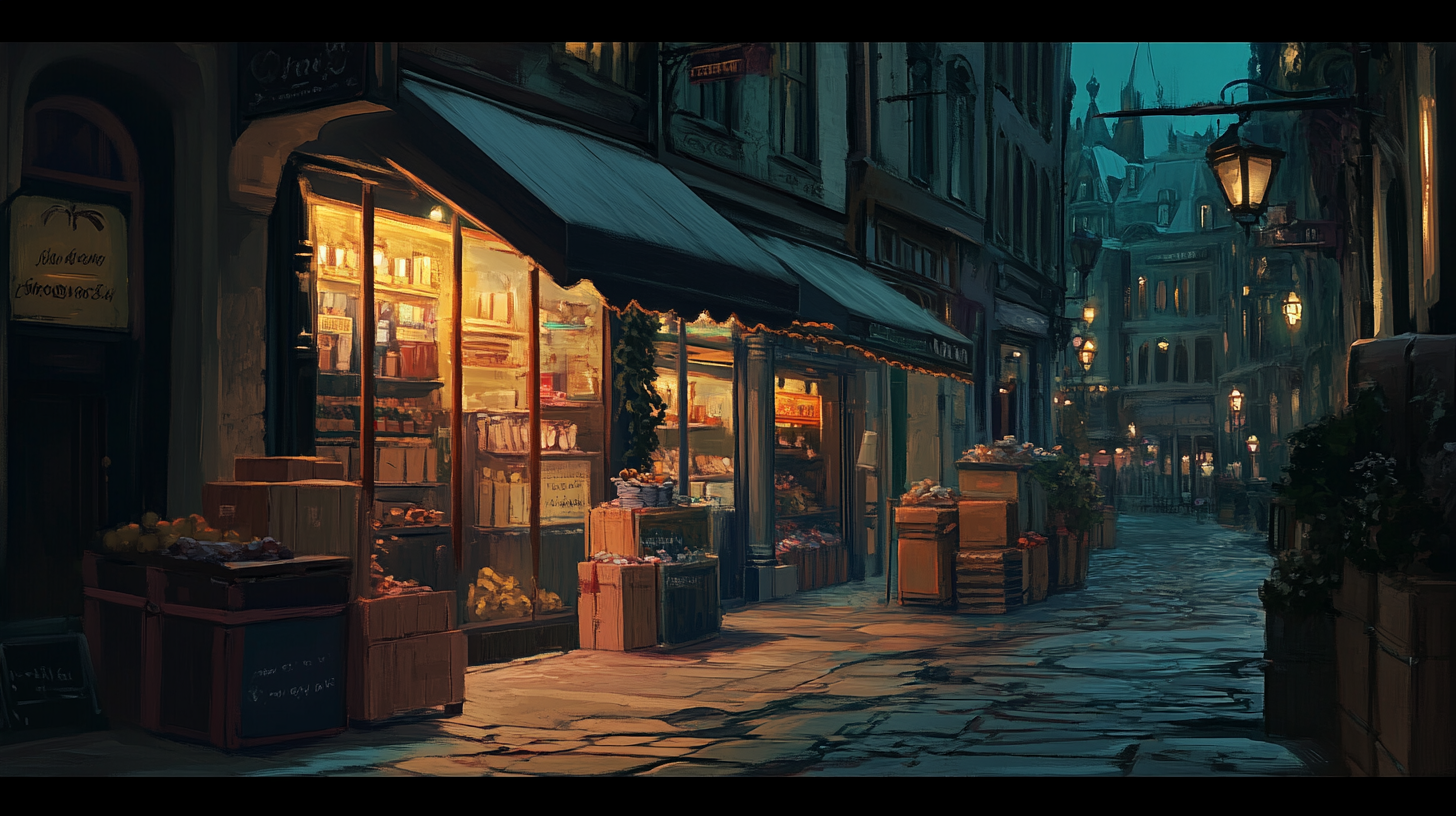 Renaissance fantasy city government district with crowded storefronts at night.