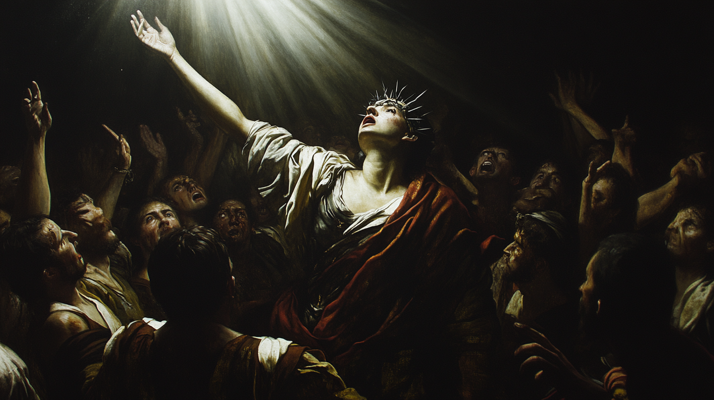 Renaissance painting of woman reaching for sky in crowd