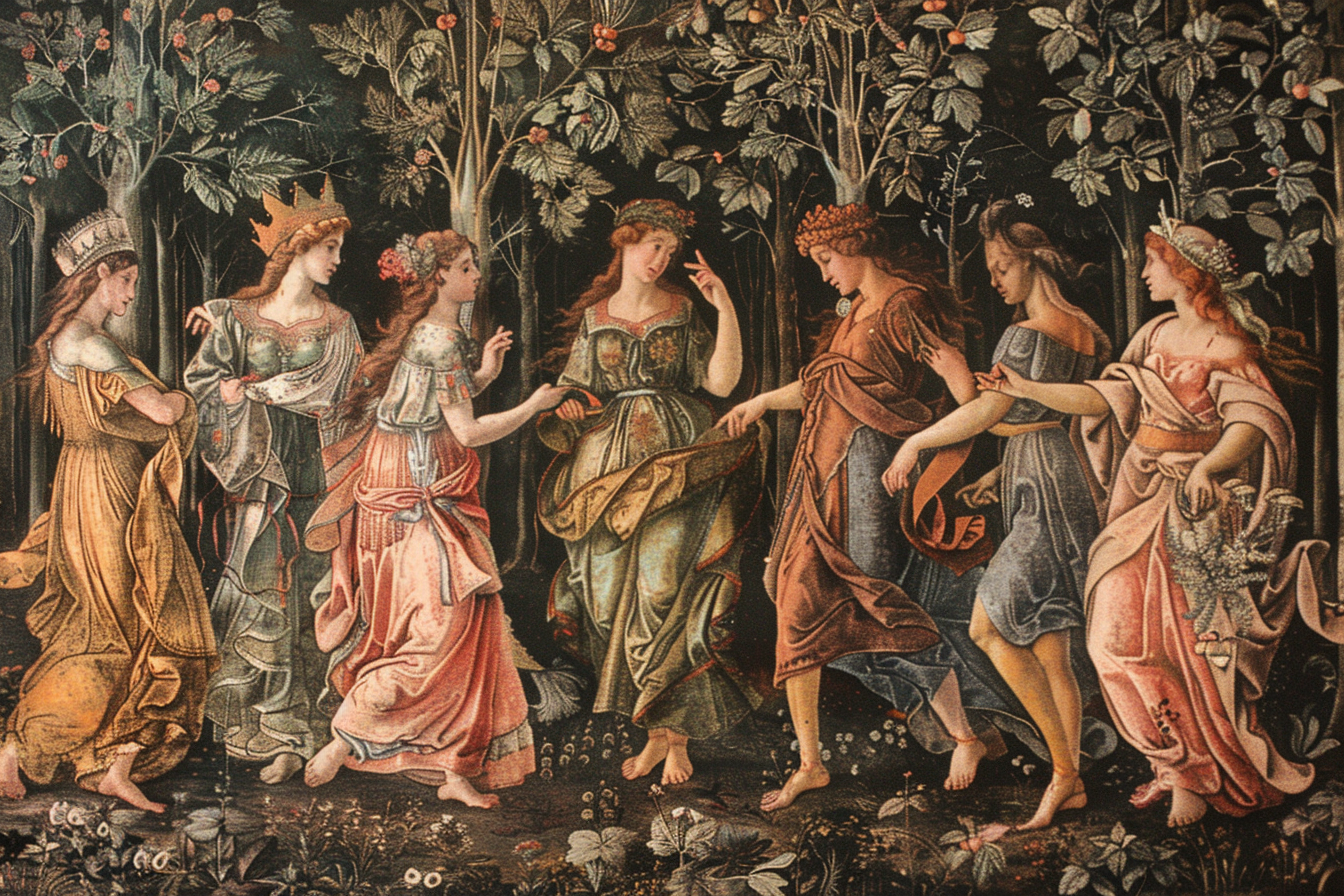 Renaissance-style mythological figures in lush forest painting