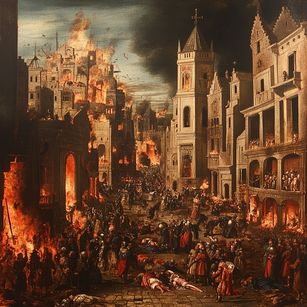 Renaissance-style riot with kings, queens, and burning buildings