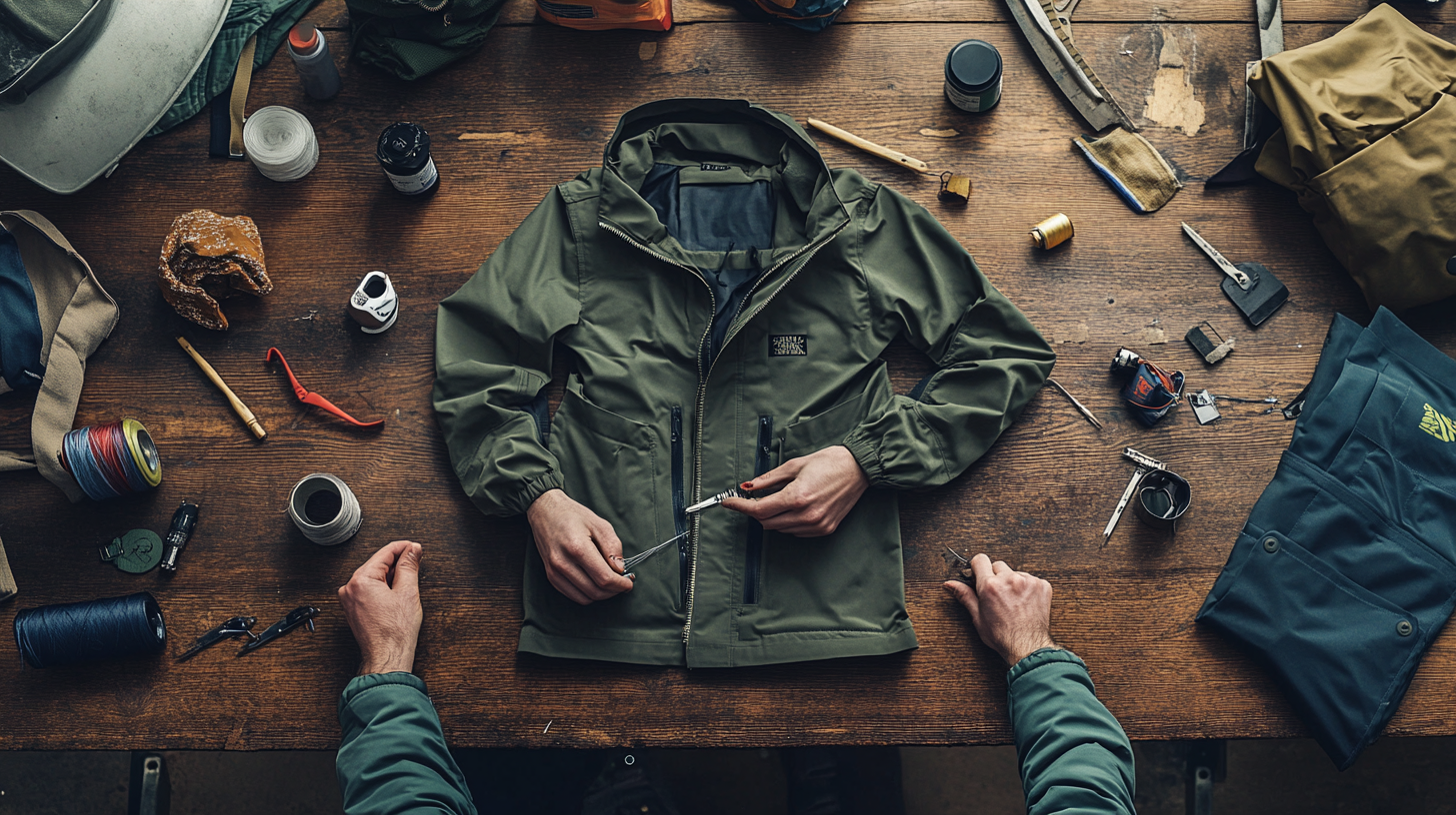 Repairing torn jacket in eco workshop with sewing tools.