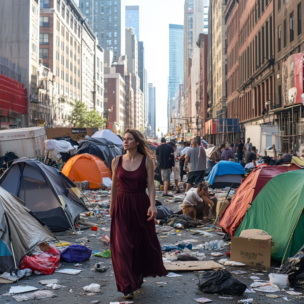 Reporter navigating through NYC homeless tent community for story.