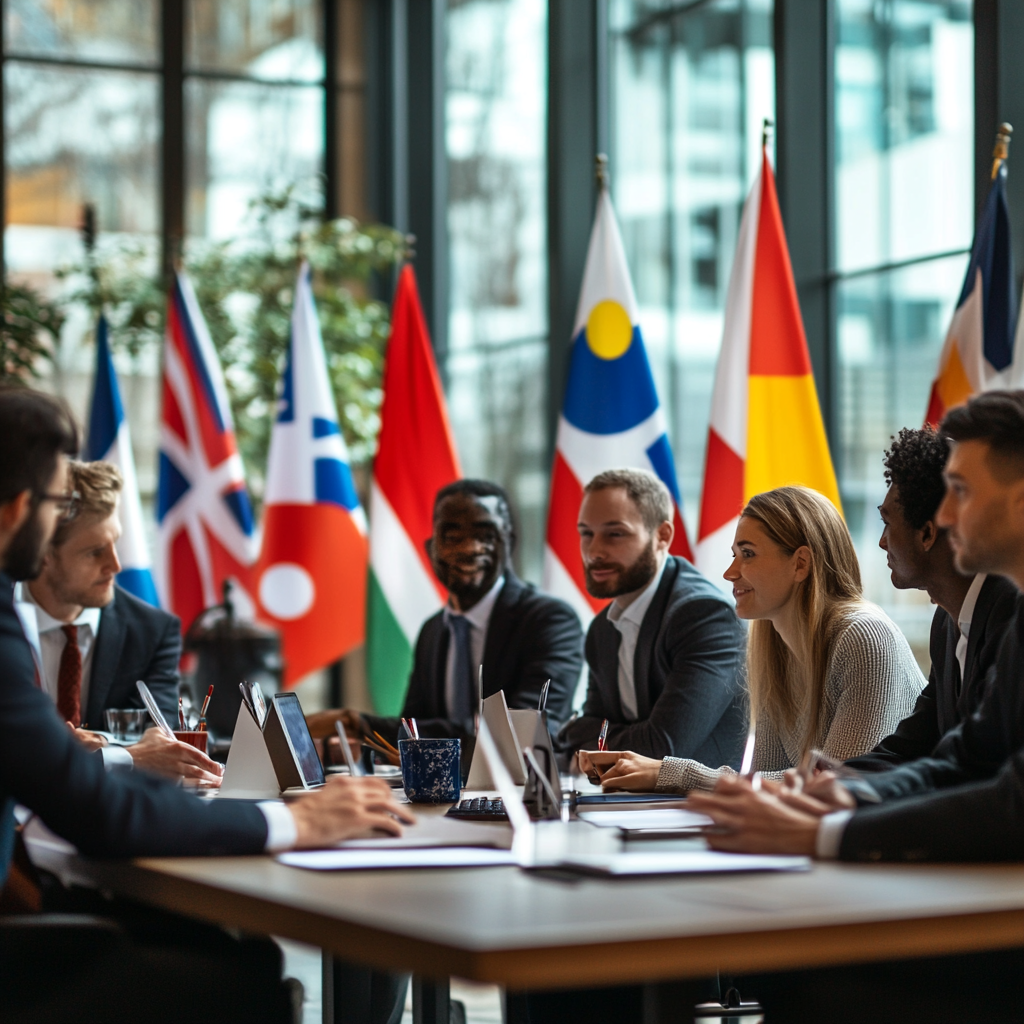 Researchers from different countries working together in conference room.