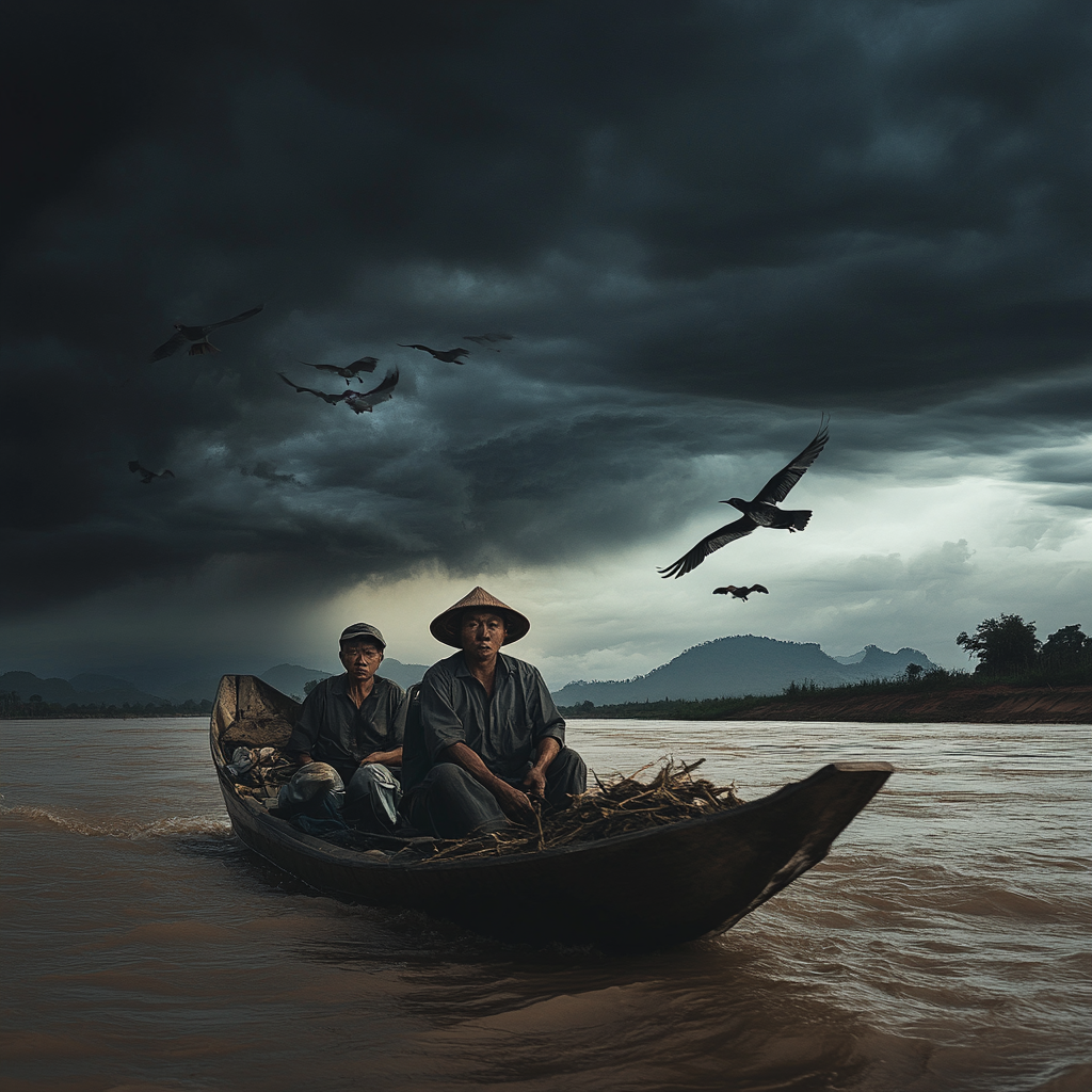 Residents in boat in dark Mekong River scene.