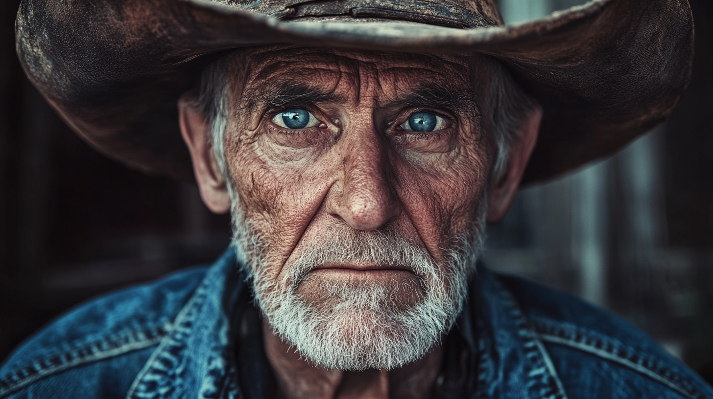 Resilient cowboy in weathered hat on dusty street