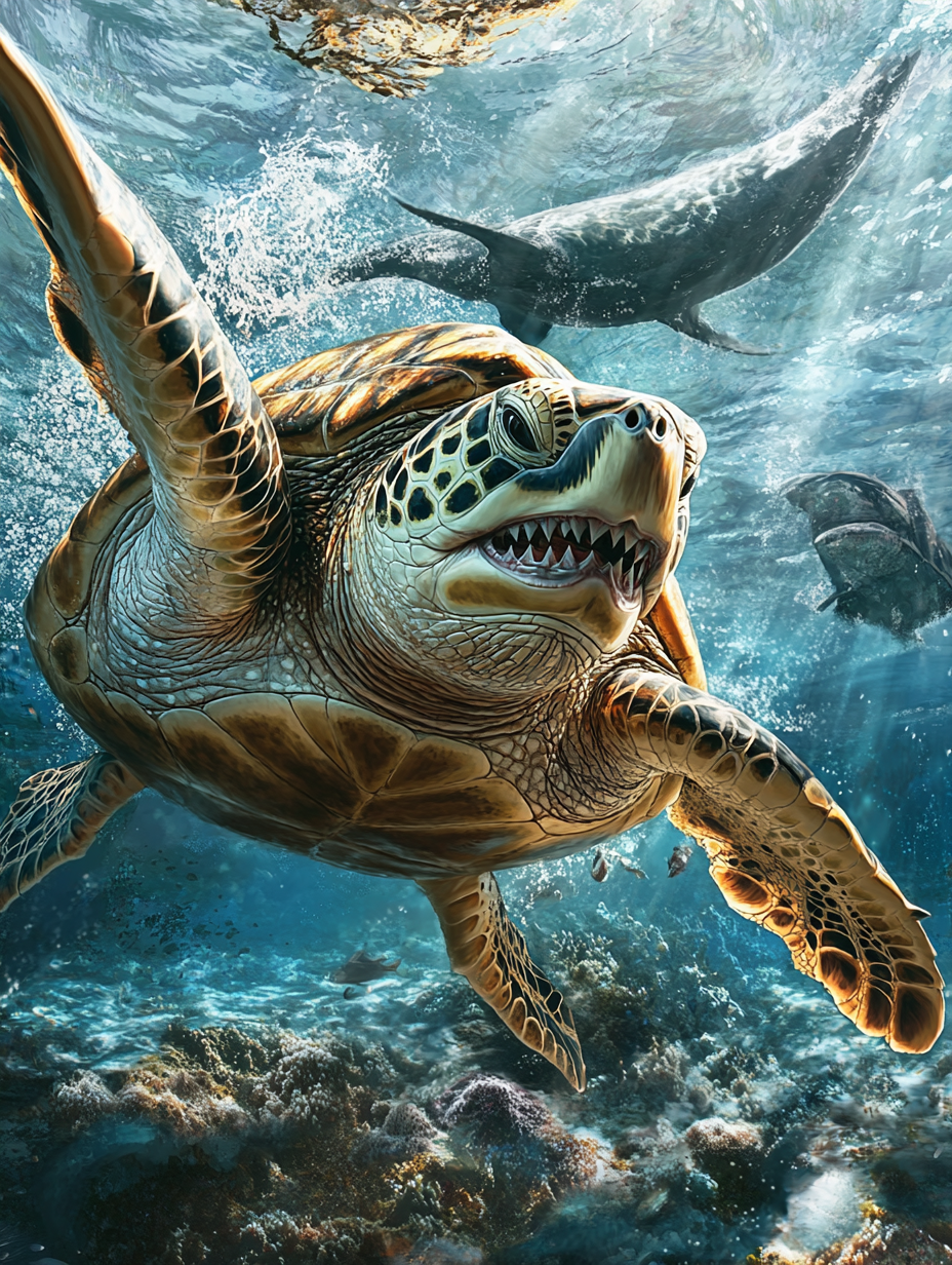 Resilient turtle bitten by shark underwater scene.