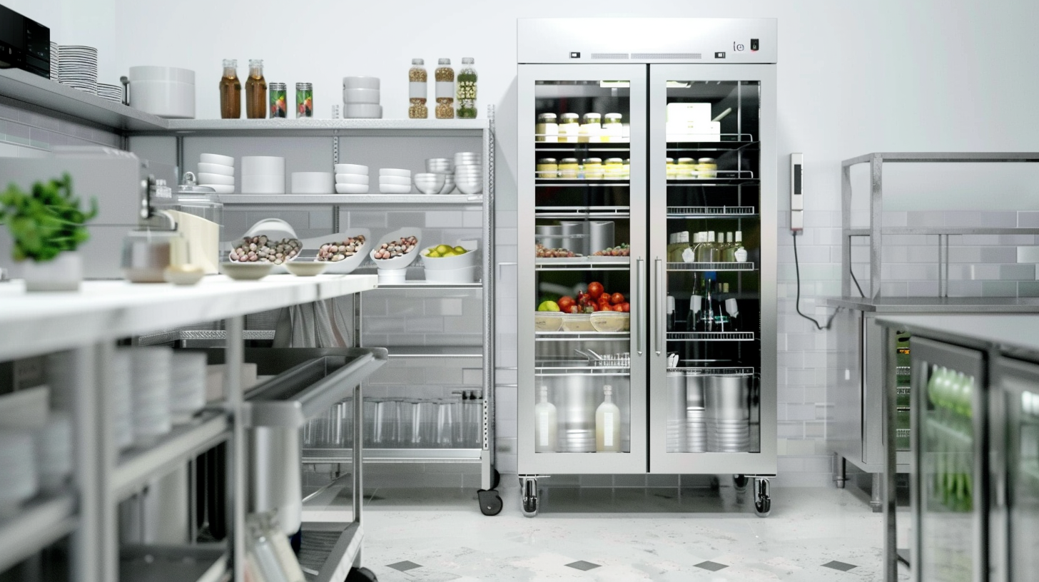 Restaurant professional cool storage with food, white and silver.