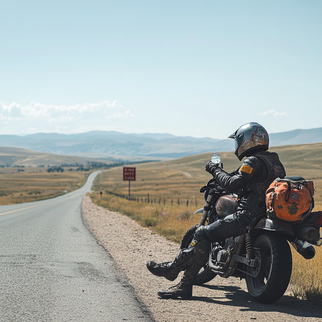 Resting biker on scenic highway, hydrating and stretching.