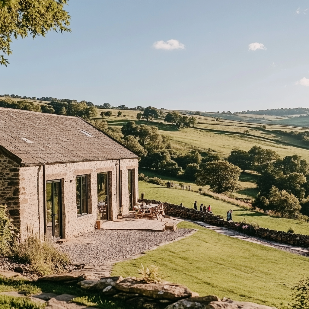 Restored luxury barn in Derbyshire countryside on sunny day.