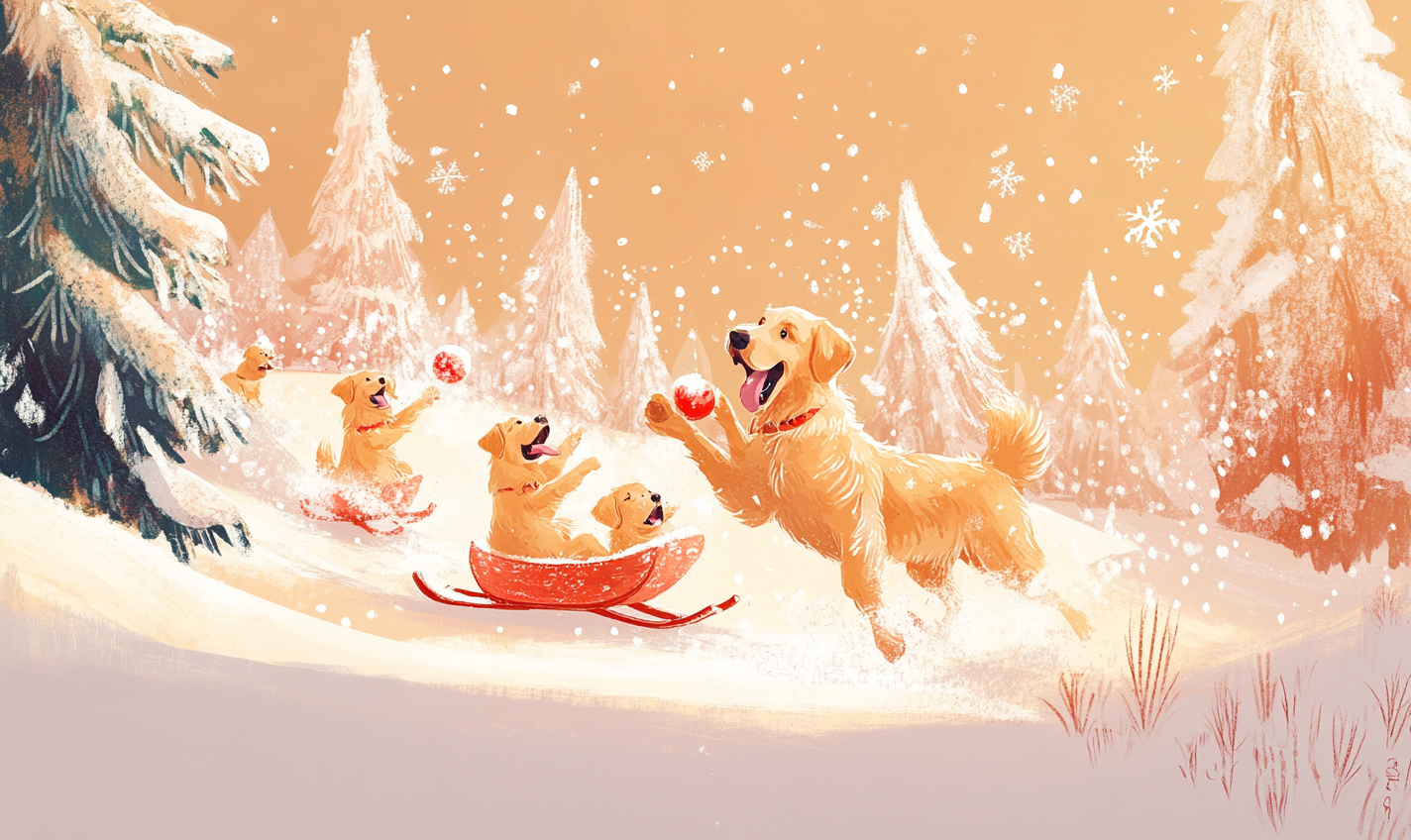 Retriever dogs play snowball near Christmas trees, snow flying.