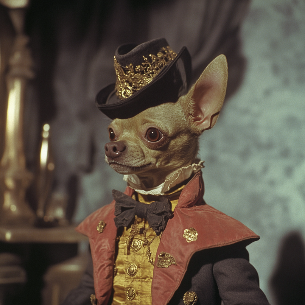 Retro Duke Chihuahua in Dark Fantasy Movie Scene