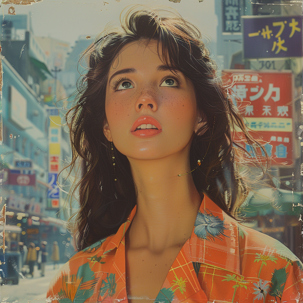 Retro anime girl in busy Japanese city