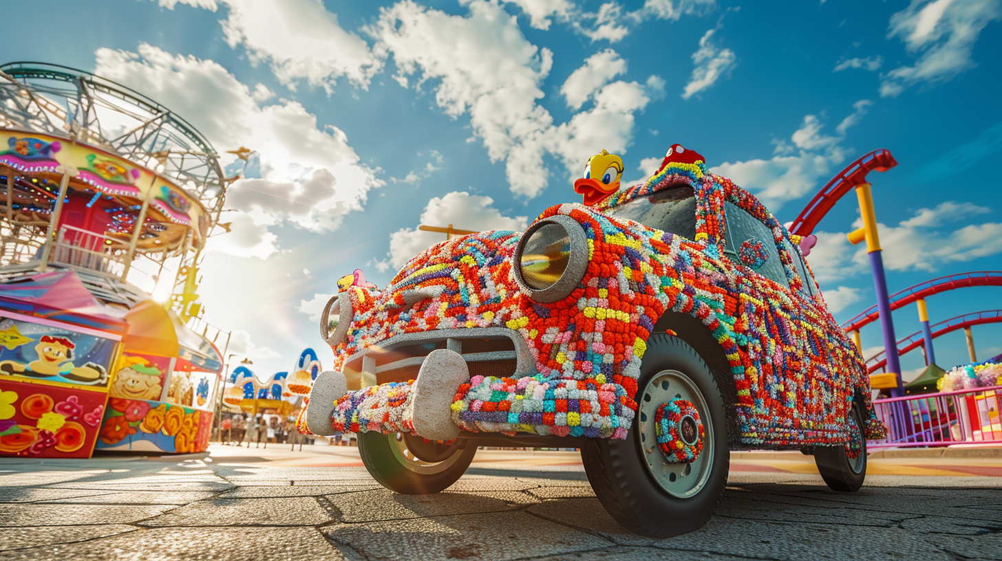 Retro car made of Disney plush toys, colorful setting.