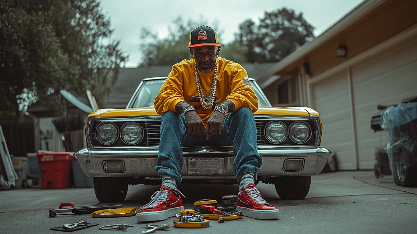 Retro dad in hip-hop outfit poses on car hood.