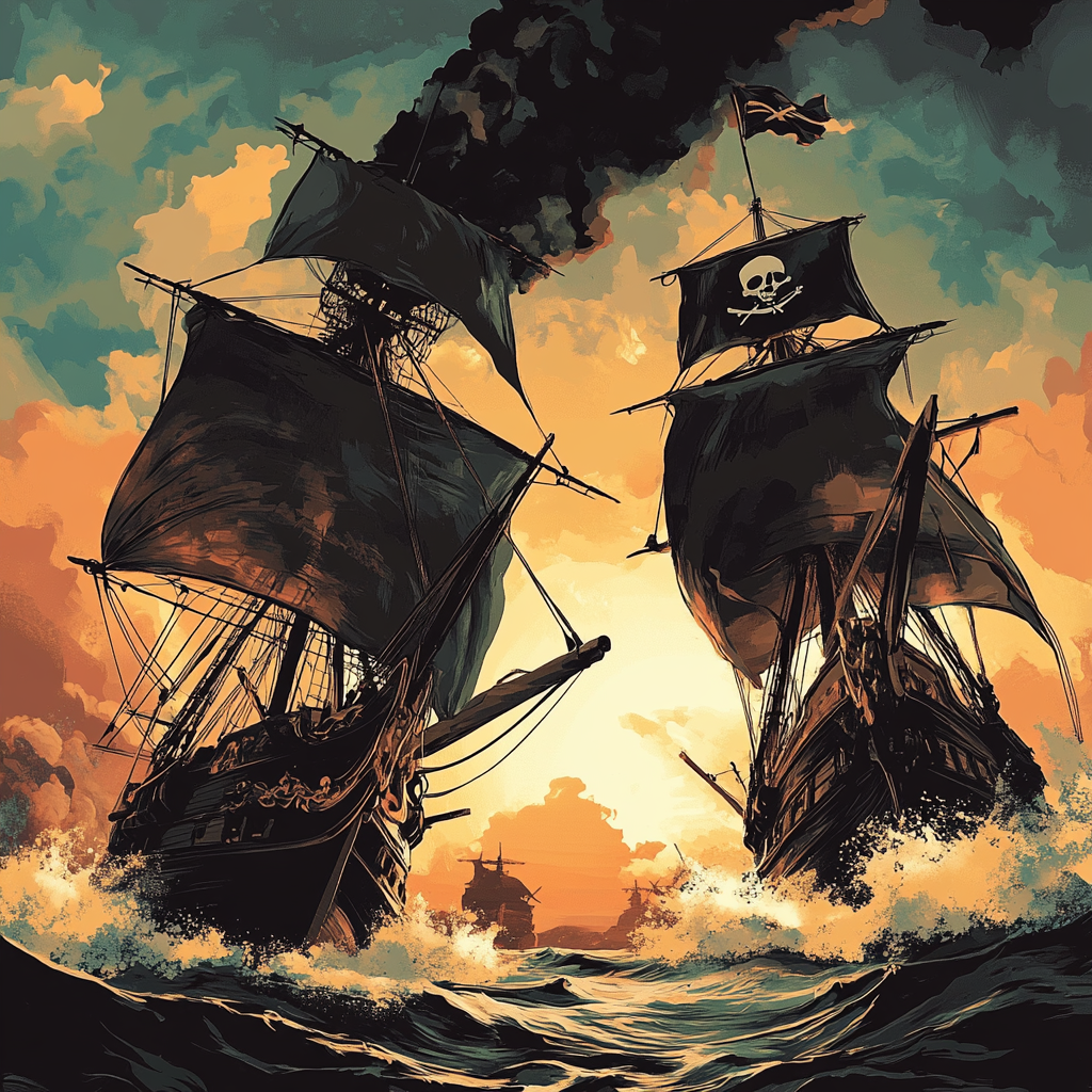 Retro design showing two pirate ships in battle.