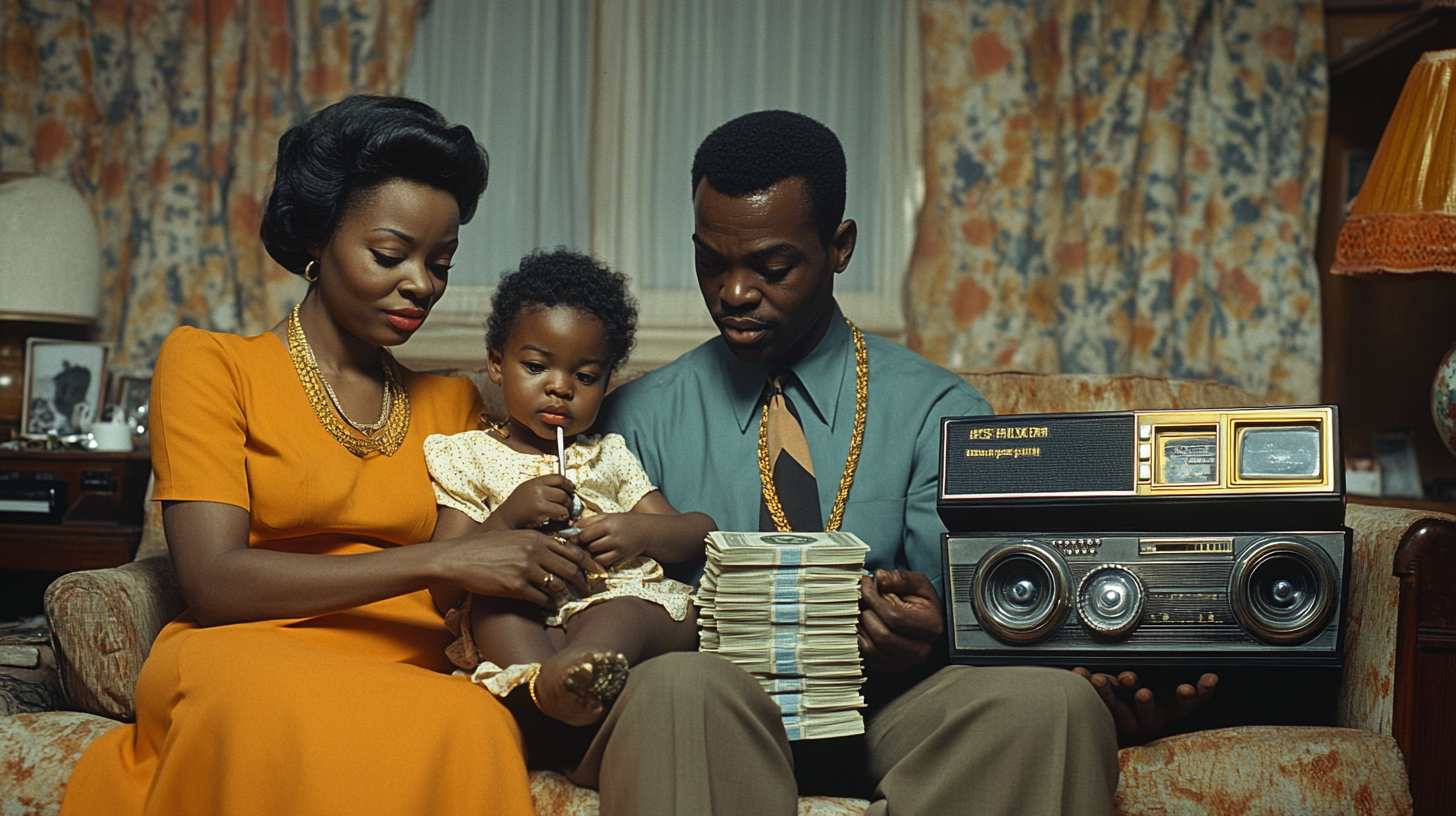 Retro family counting money, kids with boombox, hip-hop decor